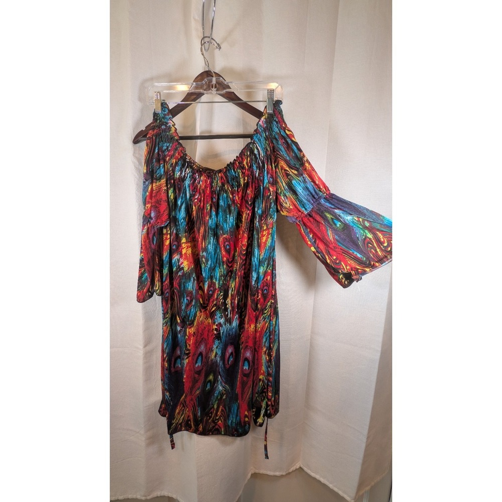 Urban Mango Peacock Feather Dress Off Shoulder Bell Sleeve Boho Festival XL